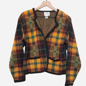 Vintage 90s Knit Plaid Tartan Cardigan Jacket size medium